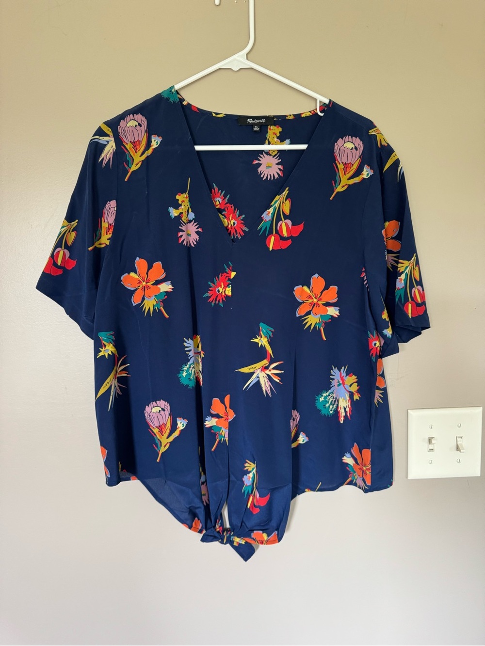 Madewell Navy Floral Tie-Front V-Neck Blouse